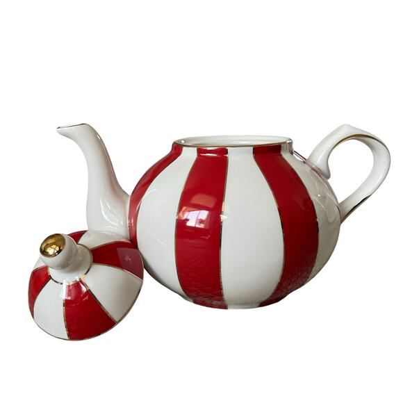 Grace Teaware Fine Porcelain Teapot Holiday Red White Gold Peppermint Stripe New - Picture 12 of 16